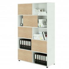 Libreria alta Tetris a 5 ripiani ante scorrevoli - 120x35 x191 cm - bianco/rovere - Artexport