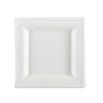 Piatto piano monouso - quadrato - 16 x 16 cm - canna da zucchero - bianco - Signor Bio - conf. 50 pezzi