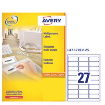 Etichette adesive L4737REV - in carta - angoli arrotondati - rimovibili - 63,5 x 29,6 mm - 27 et/fg - 25 fogli - bianco - Avery