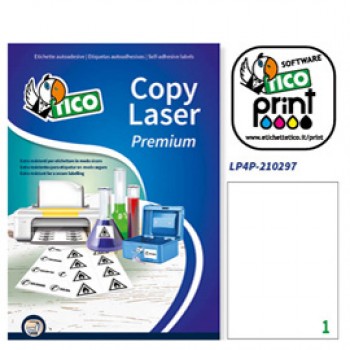 Etichette adesive LP4P - in poliestere - laser - permanenti - 210 x 297 mm - 1 et/fg - 70 fogli - bianco - Tico