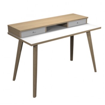 Postazione Home-Office - con sopralzo - gambe in legno -120 x 60 x H 74,4 cm - bianco / rovere