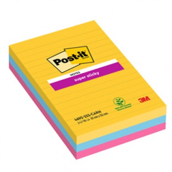 Blocco Post it® Super Sticky - 4690-3SS-CARN - a righe - 101 x 152 mm - colori Carnival - 90 fogli - Post it® - conf. 3 pezzi