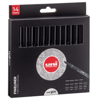 Astuccio Pin fineliner - nero - 14 gradazioni - Uni Mitsubishi - conf. 14 pezzi